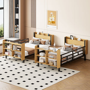 English Elm Twin Metal Bunk Bed with Built-In Headboard Storage and Footboard Shelves, Sturdy Space-Saving Design Black SF000176AAB