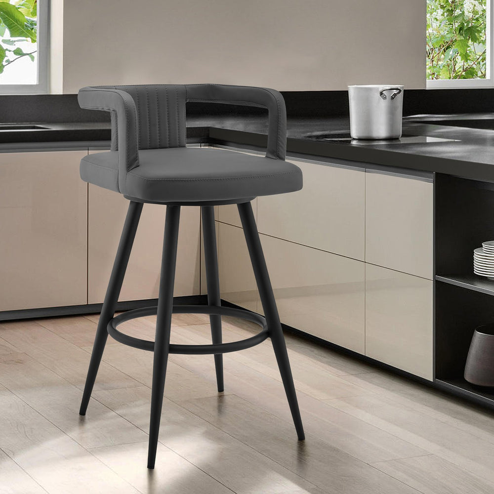 English Elm Calden 26" Gray Faux Leather Swivel Bar Stool with Padded Channel Seat, Open Back & Metal Footrest B2736P354385