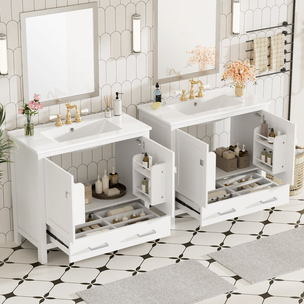 English Elm 72" White Bathroom Vanity Set with Dual Ceramic Sinks, Soft-Close Doors, Divided Drawers & Ample Storage, Solid Wood Frame, Easy Plumbing Access N729P000006K