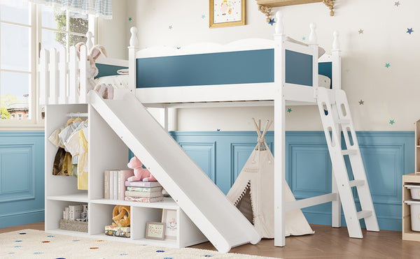 English Elm Twin Loft Bed Solid Pine Frame with Wardrobe Shelving Detachable Slide Kids Room White+Blue W5305S00019