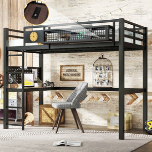 English Elm Twin Xl Solid Pine Loft Bed with Built-in Led Lighting and Storage Shelves W1580S00374