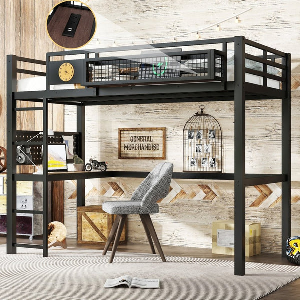 English Elm Twin Xl Solid Pine Loft Bed with Built-in Led Lighting and Storage Shelves W1580S00374
