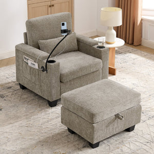 English Elm Single Chenille Manual Recliner with Usb Port Hidden Storage Ottoman and Cup Holders Brown W487P423653