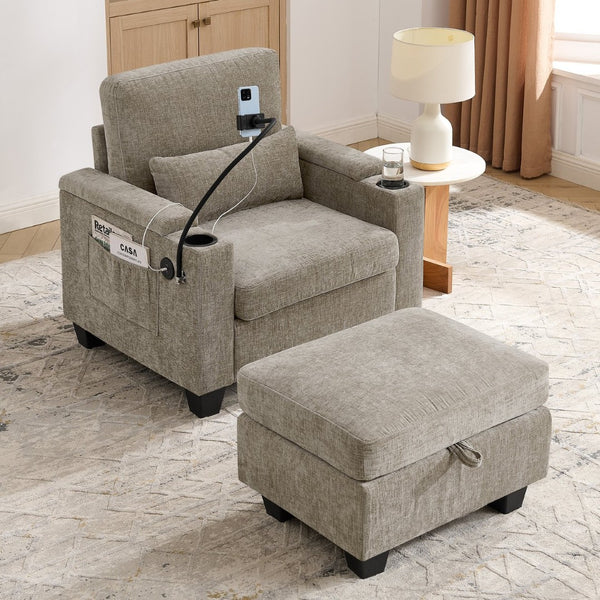 English Elm Single Chenille Manual Recliner with Usb Port Hidden Storage Ottoman and Cup Holders Brown W487P423653