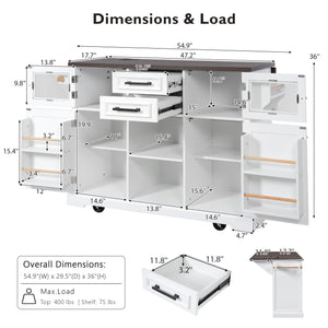 English Elm K&K 54.9" Farmhouse Kitchen Island Cart with Drop Leaf, Charging Station, Barn Doors & Glass Pane White N707P300277W