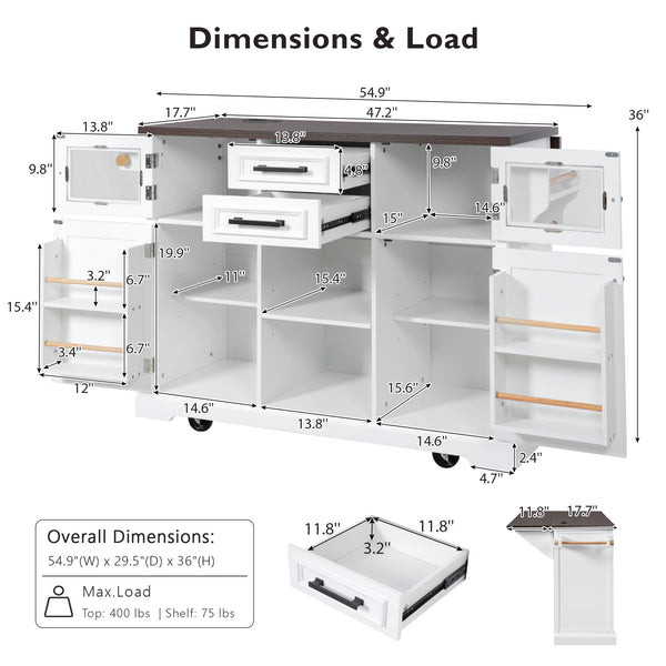 English Elm K&K 54.9" Farmhouse Kitchen Island Cart with Drop Leaf, Charging Station, Barn Doors & Glass Pane White N707P300277W