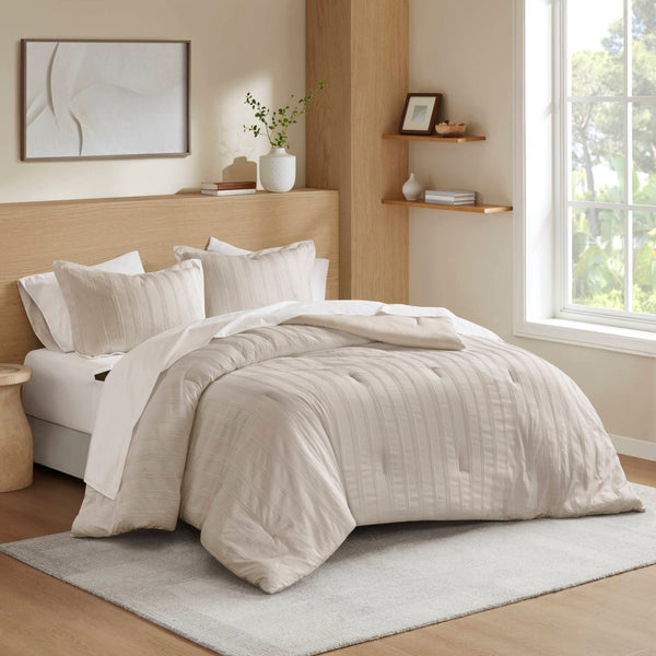 English Elm 7-piece Cal King Woven Stripe Comforter Set Neutral Polyester Bedding for Modern Bedroom Neutral B035P463209