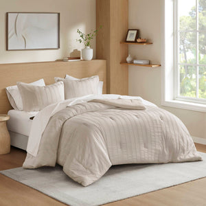 English Elm 7-piece Woven Stripe Full Comforter Set Neutral Polyester Bedding for Any Room Neutral B035P463206