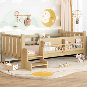English Elm Twin Pine Floor Bed with Guardrails Built-in Bookcases and Stair Steps for Kids W1580P430184
