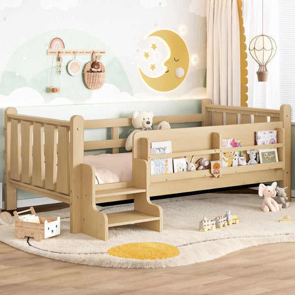 English Elm Twin Pine Floor Bed with Guardrails Built-in Bookcases and Stair Steps for Kids W1580P430184