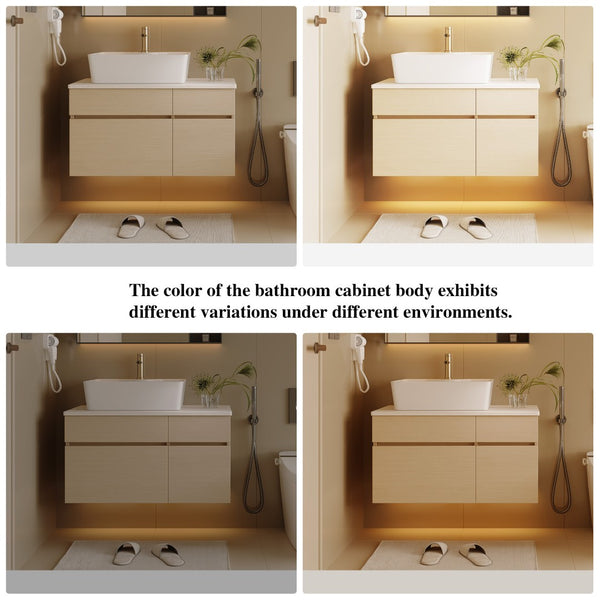 English Elm 31.5 Inch Wall Mounted Bathroom Vanity with Ceramic Vessel Sink and Soft Close Storage W3136S00079
