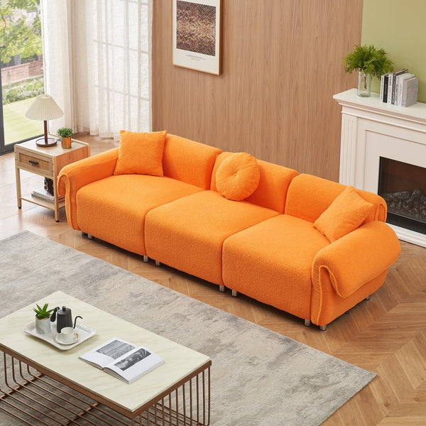 English Elm 112 Plush Teddy Velvet Sofa 112" x 38.2" x 28.3" with Metal White Legs, 3-Person Seating, 3 Pillows, 500lb Capacity Orange W1278S00047