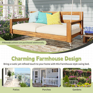 English Elm TOPMAX Acacia Wood Twin Porch Swing Bed Frame with High Back, 350lb Capacity & 118" Hemp Ropes Natural N717P265795A