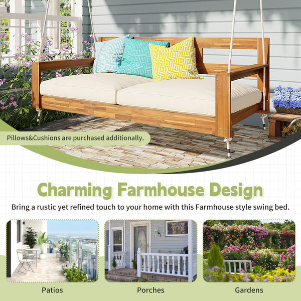 English Elm TOPMAX Acacia Wood Twin Porch Swing Bed Frame with High Back, 350lb Capacity & 118" Hemp Ropes Natural N717P265795A