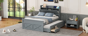 English Elm Full Full Size Wooden Bed with Storage Headboard, Built-In Outlets, Trundle & 3 Drawers for Space-Saving Bedrooms Gray 80.51 L x 17.12 W x 4.57 H N733S172712E