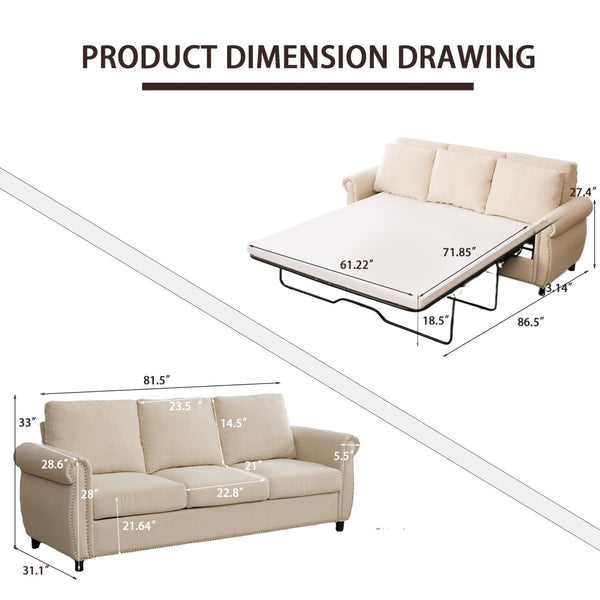 English Elm Sleeper Sofa Bed, Modern Convertible Couch With Memory Foam Mattress For Small Spaces, Beige Elegance W3696S00001-GIGA