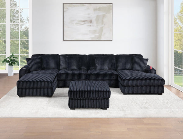 English Elm Black Jumbo Corduroy Modular Chaise with Built-in Cup Holder for Contemporary Living Rooms B011P435305