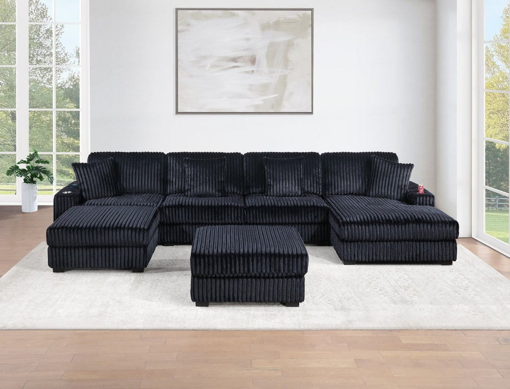 English Elm Contemporary Modular U-shaped Sectional with Corduroy Fabric Usb Port and Cup Holders B011S02235