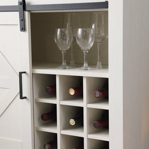 English Elm Farmhouse Sliding Barn Door Wine Cabinet with Thick Top, Rustic Oak & Antique White Finish, Space-Saving Storage W3151P264504