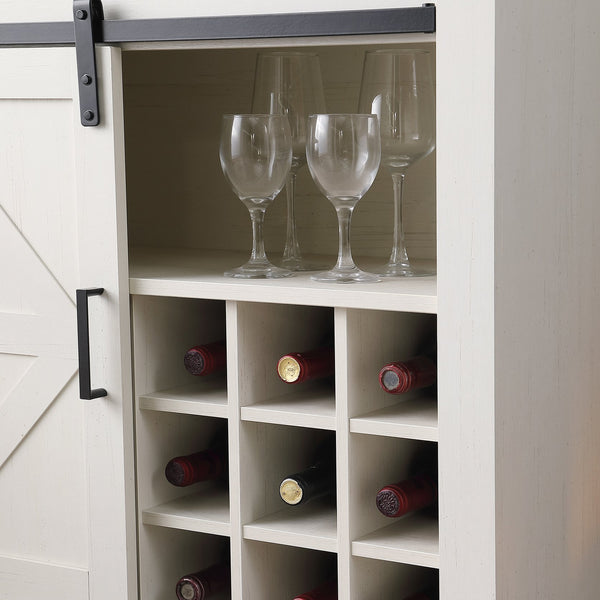 English Elm Farmhouse Sliding Barn Door Wine Cabinet with Thick Top, Rustic Oak & Antique White Finish, Space-Saving Storage W3151P264504