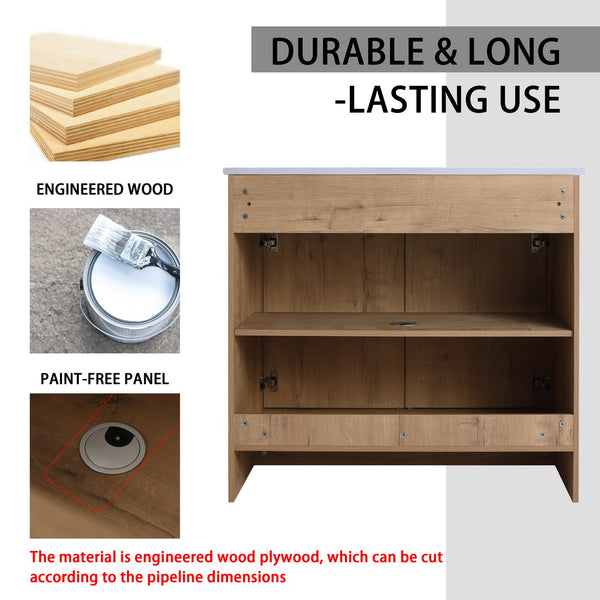 English Elm 84 Inch Freestanding Bathroom Vanity with Integrated Resin Sink, Soft-Close Doors, Shelves & Extra Storage Space Glossy White,Imitative Oak W999S00325