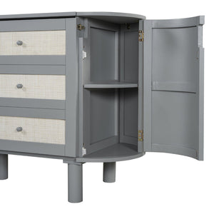 English Elm Full Murphy Bed with Woven Rattan Cabinet Front and Built-in Side Storage Units Gray LP000599AAE