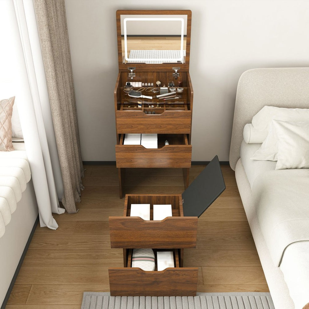 English Elm 3-in-1 Walnut Flip Top Vanity Desk with Led Mirror Stool Bedroom Dressing Table W2699P404631
