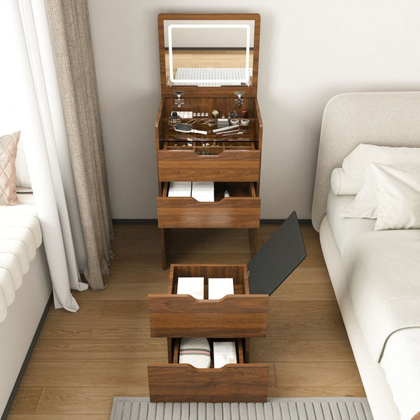 English Elm 3-in-1 Walnut Flip Top Vanity Desk with Led Mirror Stool Bedroom Dressing Table W2699P404631