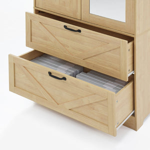 English Elm 2 Door Wardrobe Closet with Full Length Mirror Motion Light Hanging Rod and Drawers Natural W409P266780