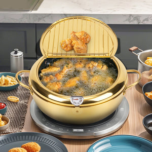 English Elm Stainless Steel Deep Frying Pot with Thermometer, Oil Drain Spout & Splash Lid for Tempura Cooking T3950P404654