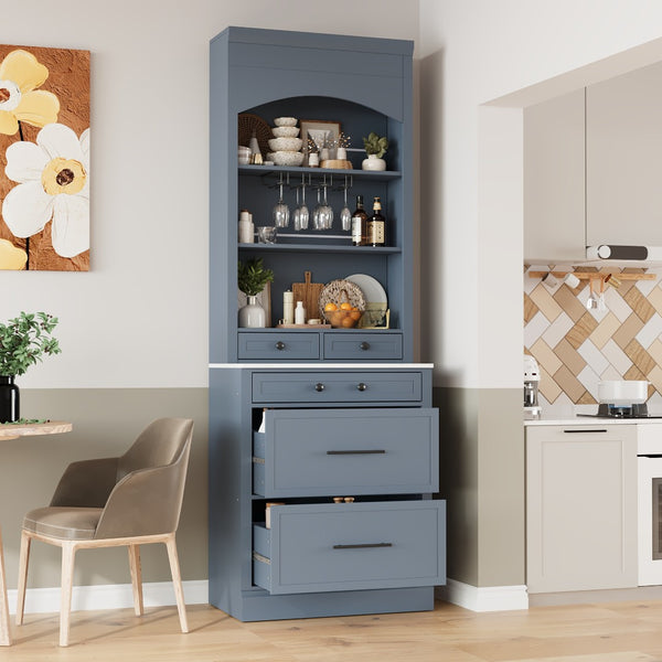 English Elm Modern Tall Kitchen Pantry Set of Two with Faux Marble Top and Glass Holders Gray SP000175AAE