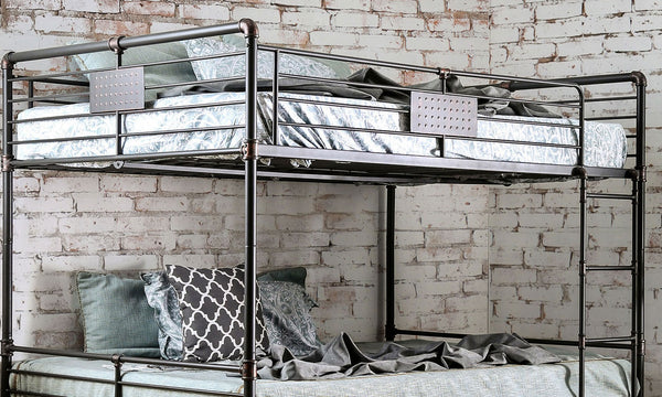 English Elm Queen Industrial Metal Bunk Bed with Pipe Frame, Built-In Slats & Ladder, Durable Retro Style 92" Antique Black 67 L x 41 W x 7 H B2741S00372