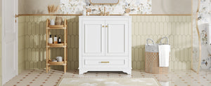 English Elm 30" Elegant Bathroom Vanity with Ceramic Sink, French-Inspired Compact Cabinet with Drawer & Shelf White N710P317676K