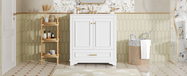 English Elm 30" Elegant Bathroom Vanity with Ceramic Sink, French-Inspired Compact Cabinet with Drawer & Shelf White N710P317676K