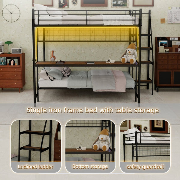 English Elm Full Over Twin Metal Bunk Bed with Desk Led Strip Shelves for Teen Dorm Rooms Antique Black W1935S00009
