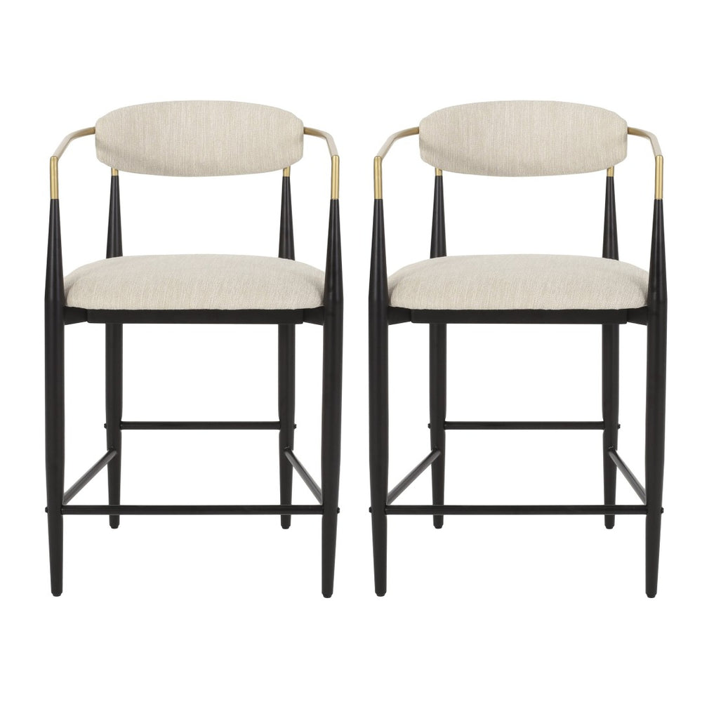 English Elm Counter Stools Set of Two Matte Black Iron Frames Gold Trim Upholstered Seats N771P249370A