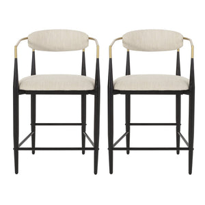 English Elm Counter Stools Set of Two Matte Black Iron Frames Gold Trim Upholstered Seats N771P249370A