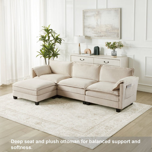 English Elm 107-inch Modular L-shaped Sectional Sofa with Velvet Upholstery and Built-in Storage Beige W3480S00001