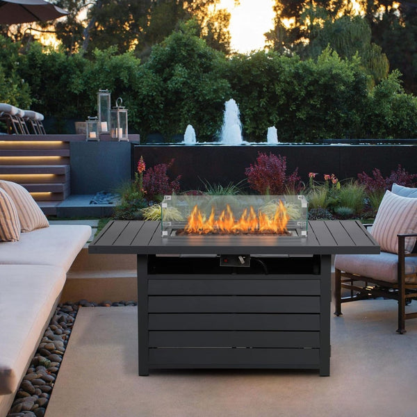 English Elm 54.3 Inch Aluminum Rectangular Propane Fire Table with Convertible Lid for Patio Dark Gray B082S00071