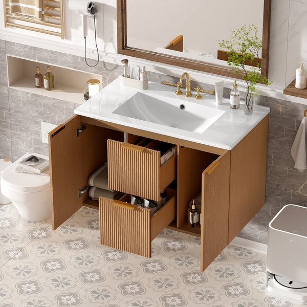 English Elm [video]36 Inch Floating Bathroom Vanity with Ceramic Sink Mdf Cabinet Soft Close N729P417256N