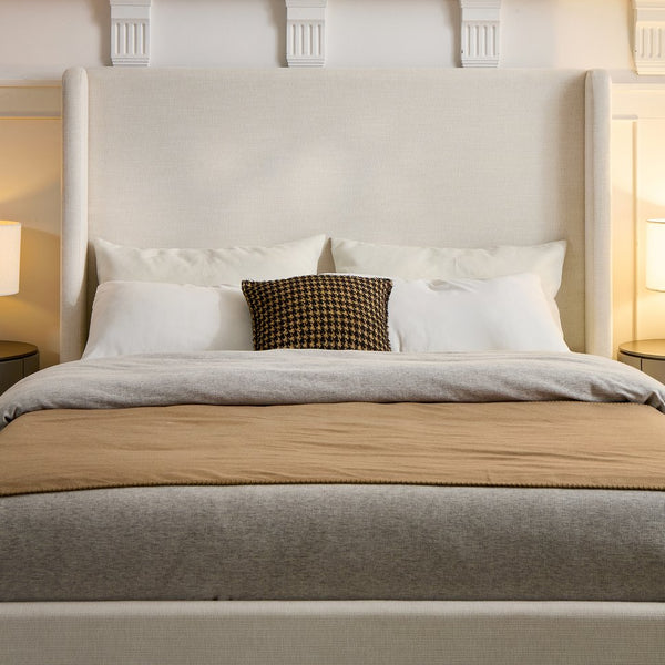 English Elm Carmen Upholstered Wingback Bed Frame 52.3" Headboard — Textured Ivory Chenille, Minimalist Chic, No-Noise (King) B083P337909