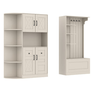 English Elm Multifunctional Modular Hall Tree Cabinet with Open Shelves and Hooks for Entryway Beige W1580S00565