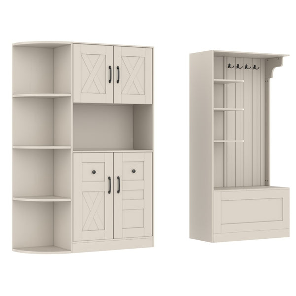 English Elm Multifunctional Modular Hall Tree Cabinet with Open Shelves and Hooks for Entryway Beige W1580S00565