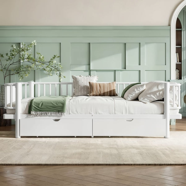 English Elm Queen Storage Platform Bed Low Profile Metal Frame with Built-in Drawers for Small Spaces Light White W5305P471354