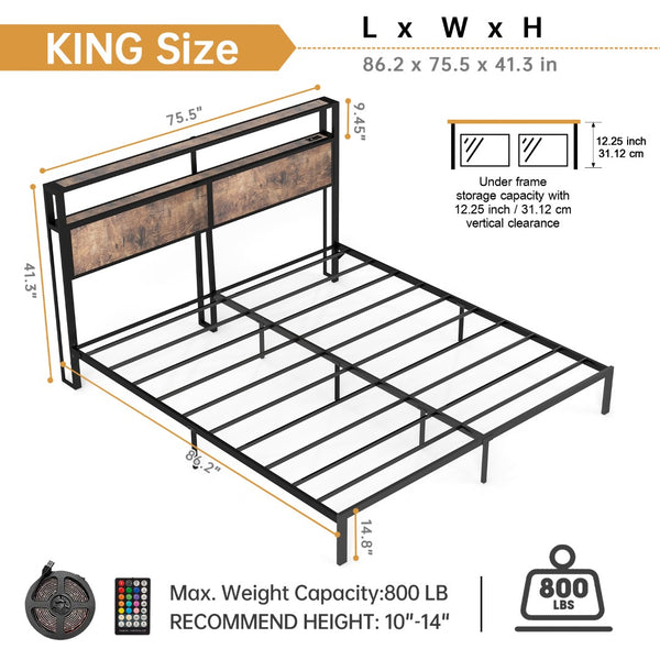 English Elm Queen Metal Platform Bed with Rgb Led Headboard Charging Station and Underbed Storage T3963P483719