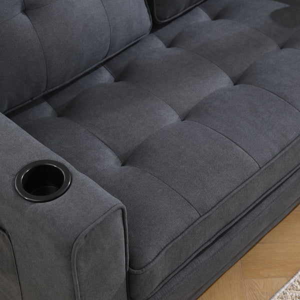 English Elm {VIDEO 3-in-1 Upholstered Futon Sofa Bed Convertible Loveseat with Tufted Back, Cup Holders & Side Pockets Dark Gray W2325P183181