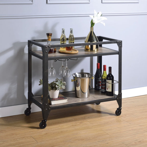 English Elm Rustic Oak And Charcoal 2-Shelf Serving Cart – Industrial Design With Wine Storage & Easy Mobility B062P184580-GIGA