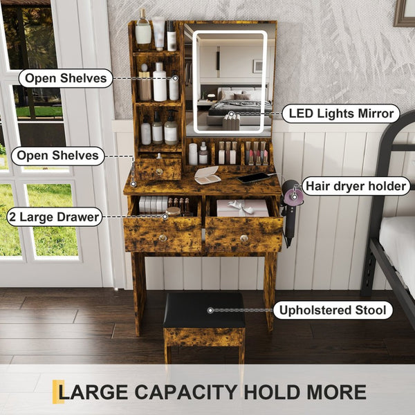 English Elm Modern Vanity Desk with Led Mirror 3 Drawers Built-in Outlet and Matching Chair Antique Brown W509P465834