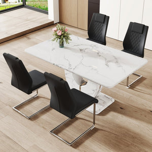 English Elm Table Marble-Pattern Mdf Dining Set – Modern 63"X37" Table With 4 Ergonomic Black Pu Chairs W1151S02183-GIGA