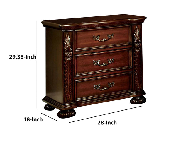 English Elm Brown Cherry Solid Wood Nightstand with 3 Drawers, Pewter Pulls, Rich Grain Accents, 28"W x 29.4"H B011P218330